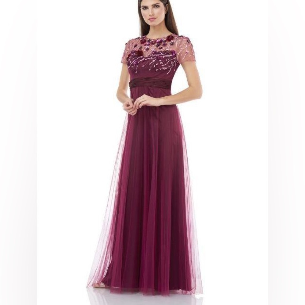 JS Collections Long 3D Formal Beaded Mesh Dress